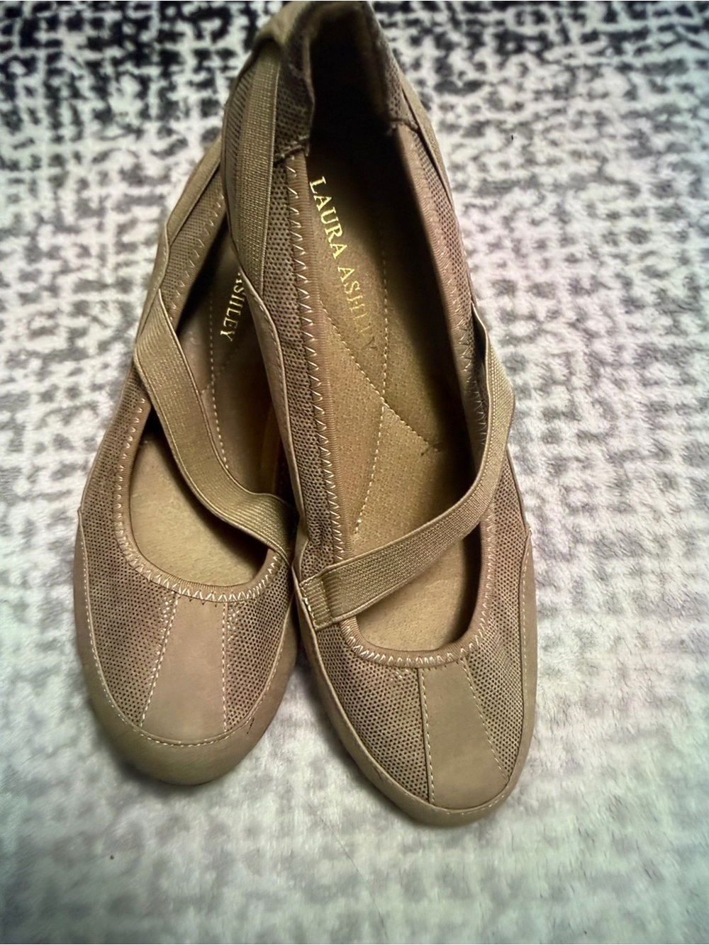 Laura Ashley Taupe Mary Jane Wedges with Elastic Cross Strap